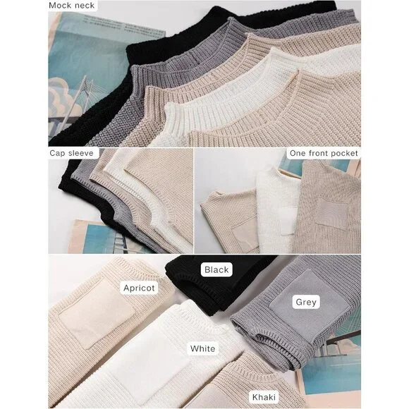 Women's Apricot Sleeveless Knitted Sweater Vest Casual Tank with Front Pocket - Picture 4 of 6